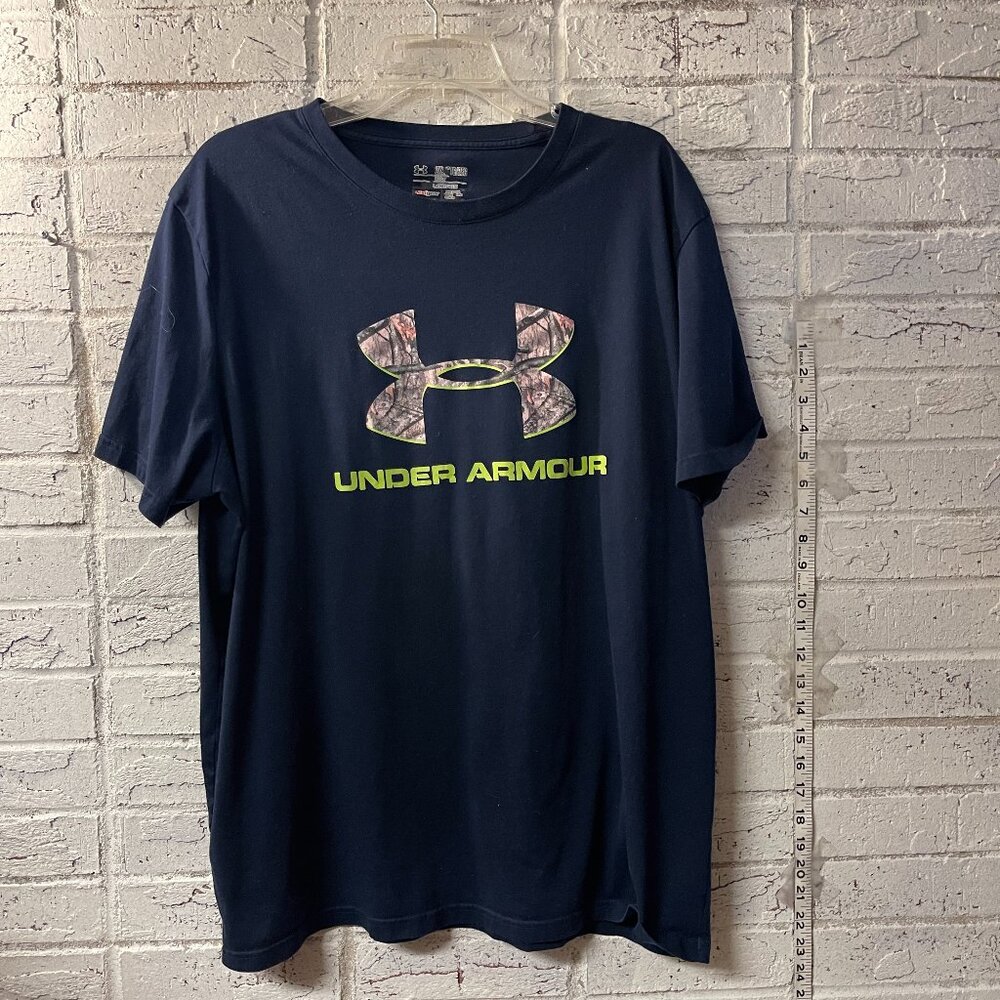 Under Armour 2XL Loose Fit Tee | Camo Logo Charged Cotton Shirt | Navy Blue